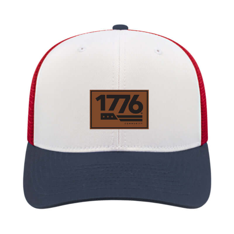 1776® Leather Patch Hat in white and red, featuring a leather patch and embroidered three-star logo.
