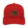 1776® Leather Patch Hat in red and white with a leather patch and three-star logo for patriotic style.