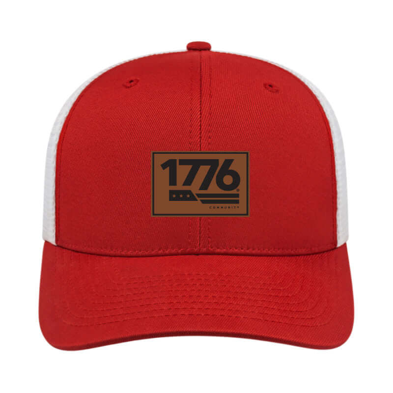 1776® Leather Patch Hat in red and white with a leather patch and three-star logo for patriotic style.