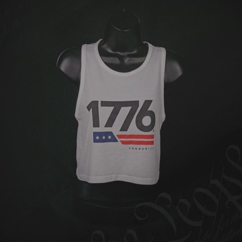 1776® Women's Crop Top in white featuring patriotic design with stars and stripes, perfect for stylish American pride.