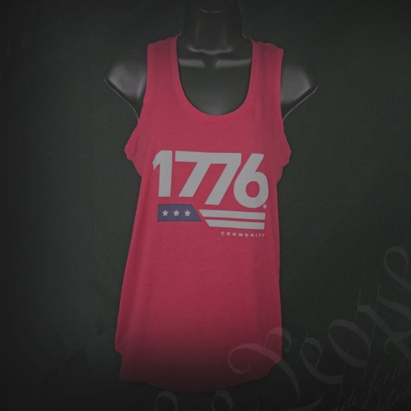 1776® Women's Tank Top in red with patriotic design, ideal for summer wear and casual occasions.